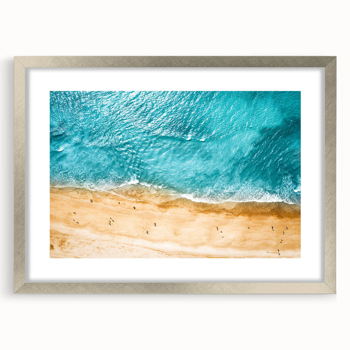 Extra large abstract art print depicting the Mediterranean Sea in textured blue and white tones, framed in silver.