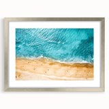 Extra large abstract art print depicting the Mediterranean Sea in textured blue and white tones, framed in silver.