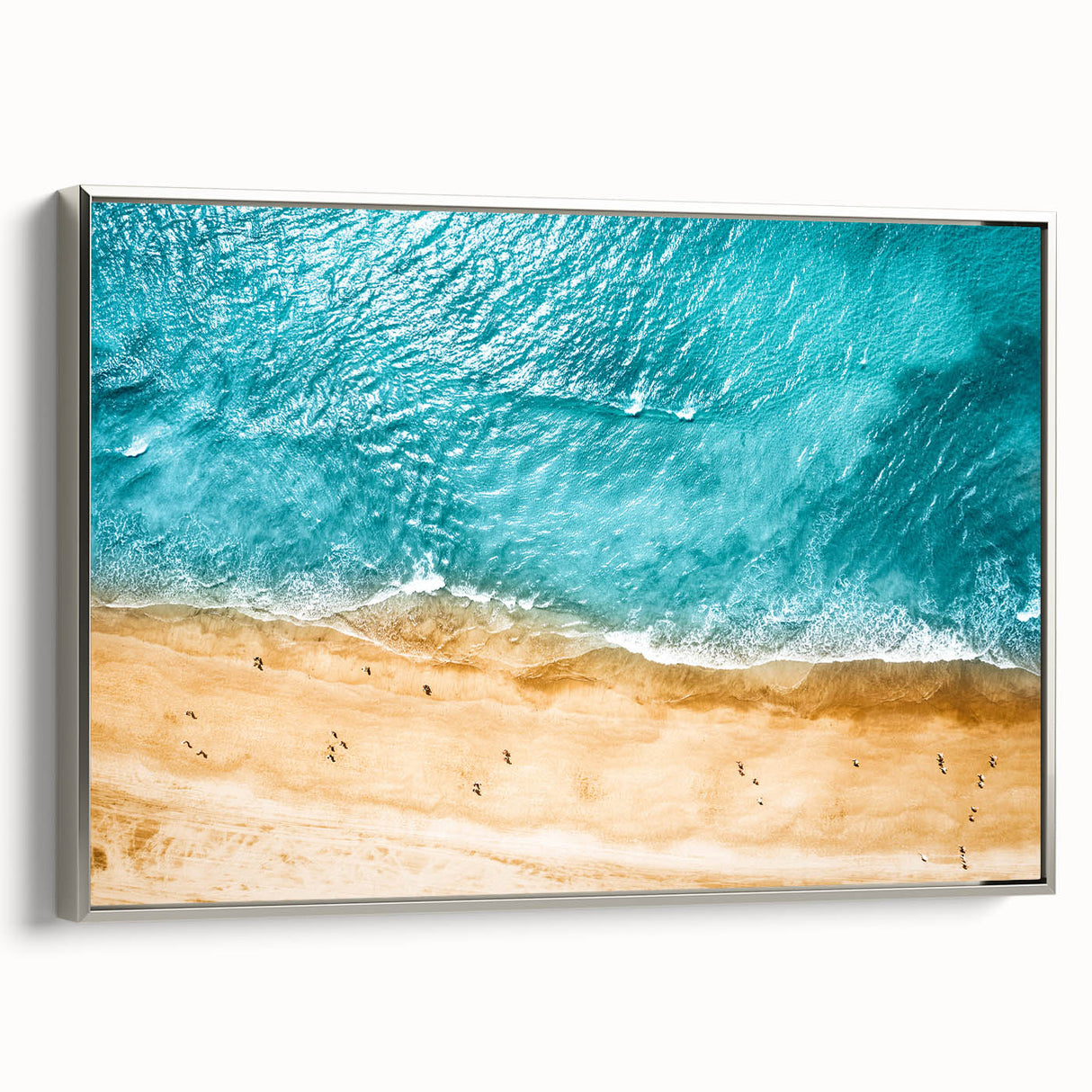 Framed canvas featuring a Mediterranean Sea landscape art painting with vibrant blue and white tones.