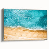 Framed canvas featuring a Mediterranean Sea landscape art painting with vibrant blue and white tones.