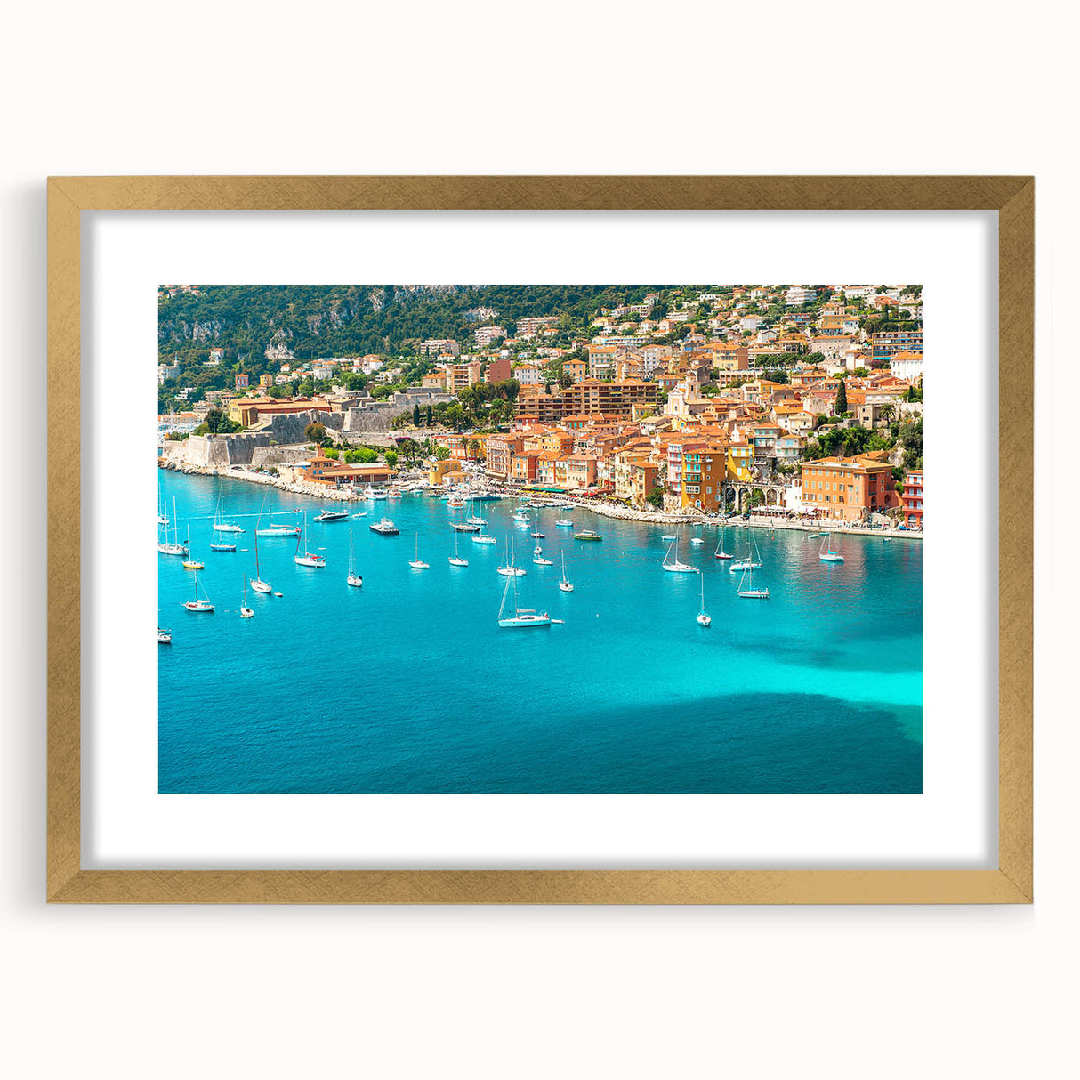 Abstract art print of Monaco scenery in muted gold and blue tones, framed with a golden mat, ideal for dining room decor.