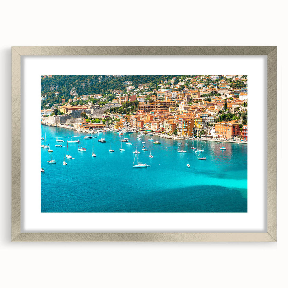 Extra large wall art depicting an abstract European Monaco scenery in muted blue and gray tones, framed in silver.