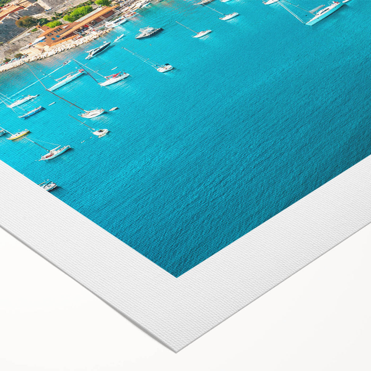 Art deco poster of Monaco scenery in muted blue and beige tones on rolled canvas, suitable for dining room wall art.