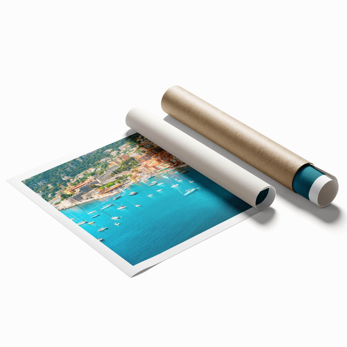 Rolled print of Monaco scenery with floral elements in muted tones, suitable for classy bathroom or large living room decor.