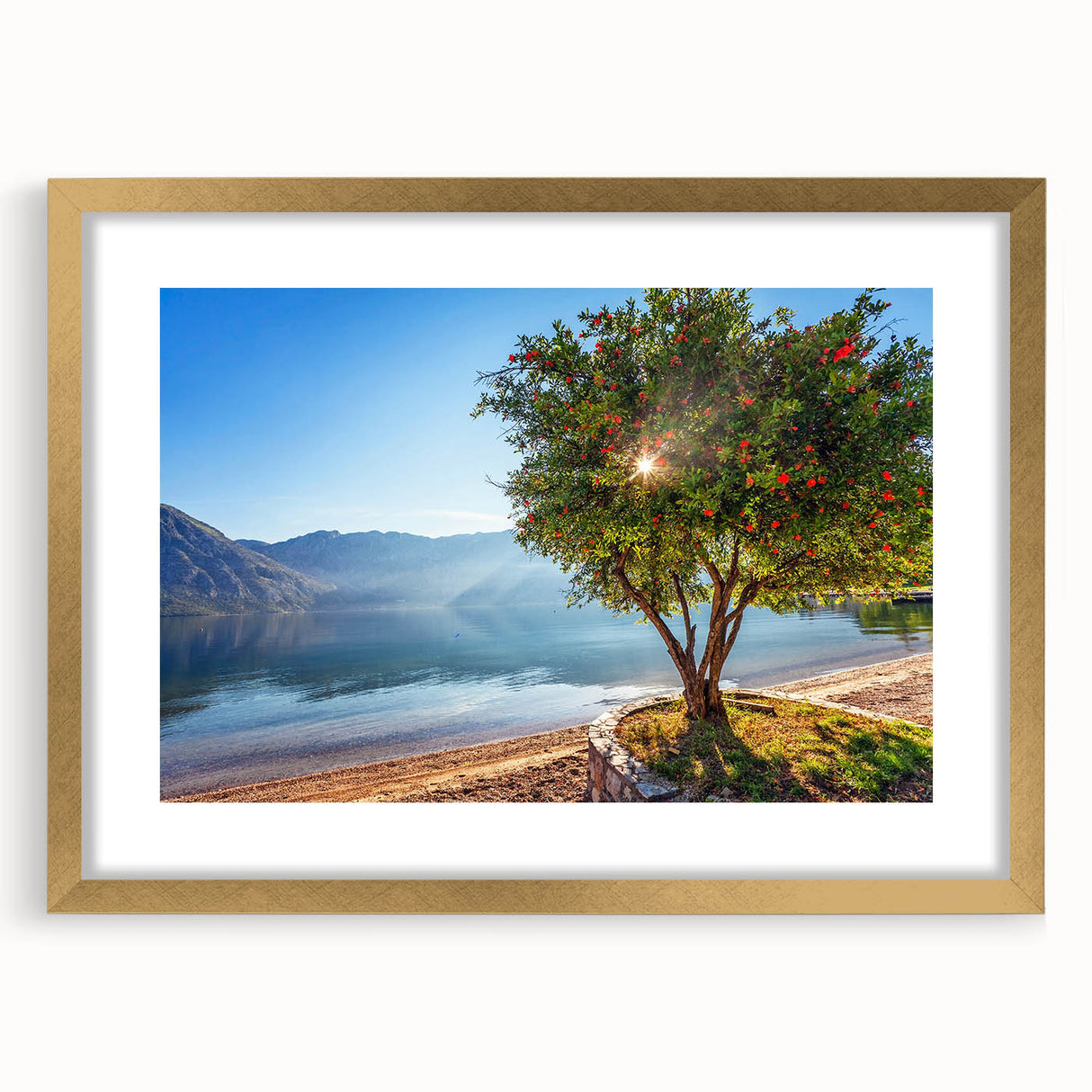 Abstract art print of a European Montenegro scenery in muted earth tones, framed in gold.
