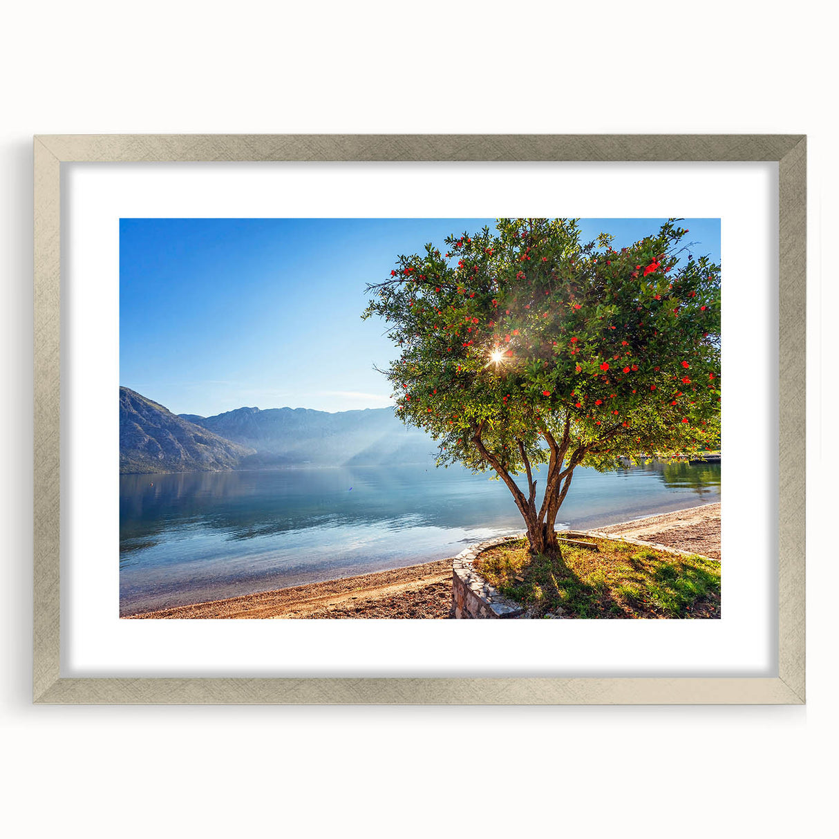 Extra large abstract art print of Montenegro scenery in muted earth tones, framed with a silver mat.