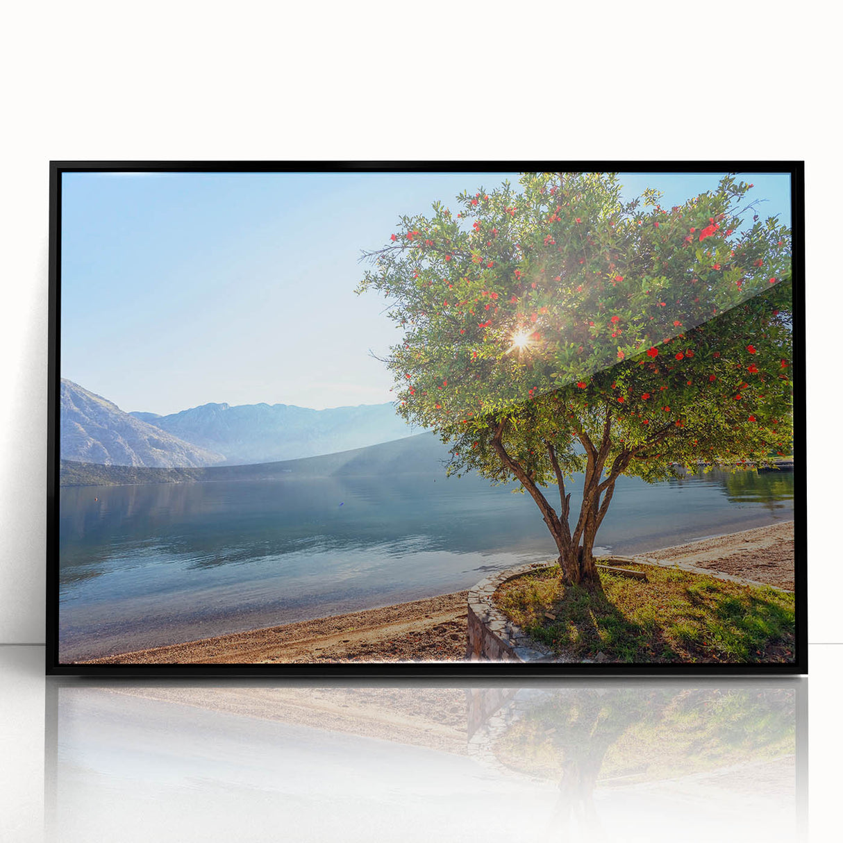 Large abstract wall art depicting a European Montenegro scenery in muted earth tones, framed in black acrylic.