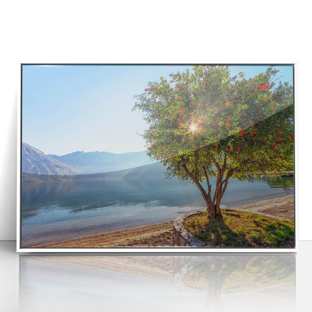 Mid-century modernist art depicting a European Montenegro scenery in muted blue and green tones, framed acrylic.