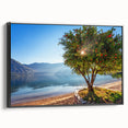 Black and white framed canvas of a Montenegro landscape, ideal for bedroom wall decor.