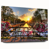 Acrylic print of Amsterdam canal scene in muted earth tones, ideal for bedroom or dining room art.