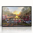 Large abstract wall art of Amsterdam's canal in muted gray and blue tones, framed acrylic.