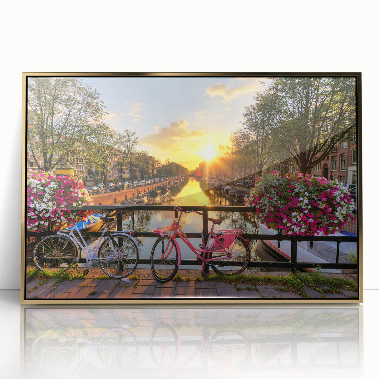 Art Deco style poster of Amsterdam scenery with muted gold and blue hues on framed acrylic.