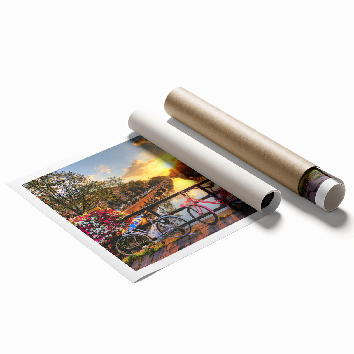 Rolled canvas print of Amsterdam scenery featuring floral accents in soft pastel hues, ideal for classy bathroom wall art.