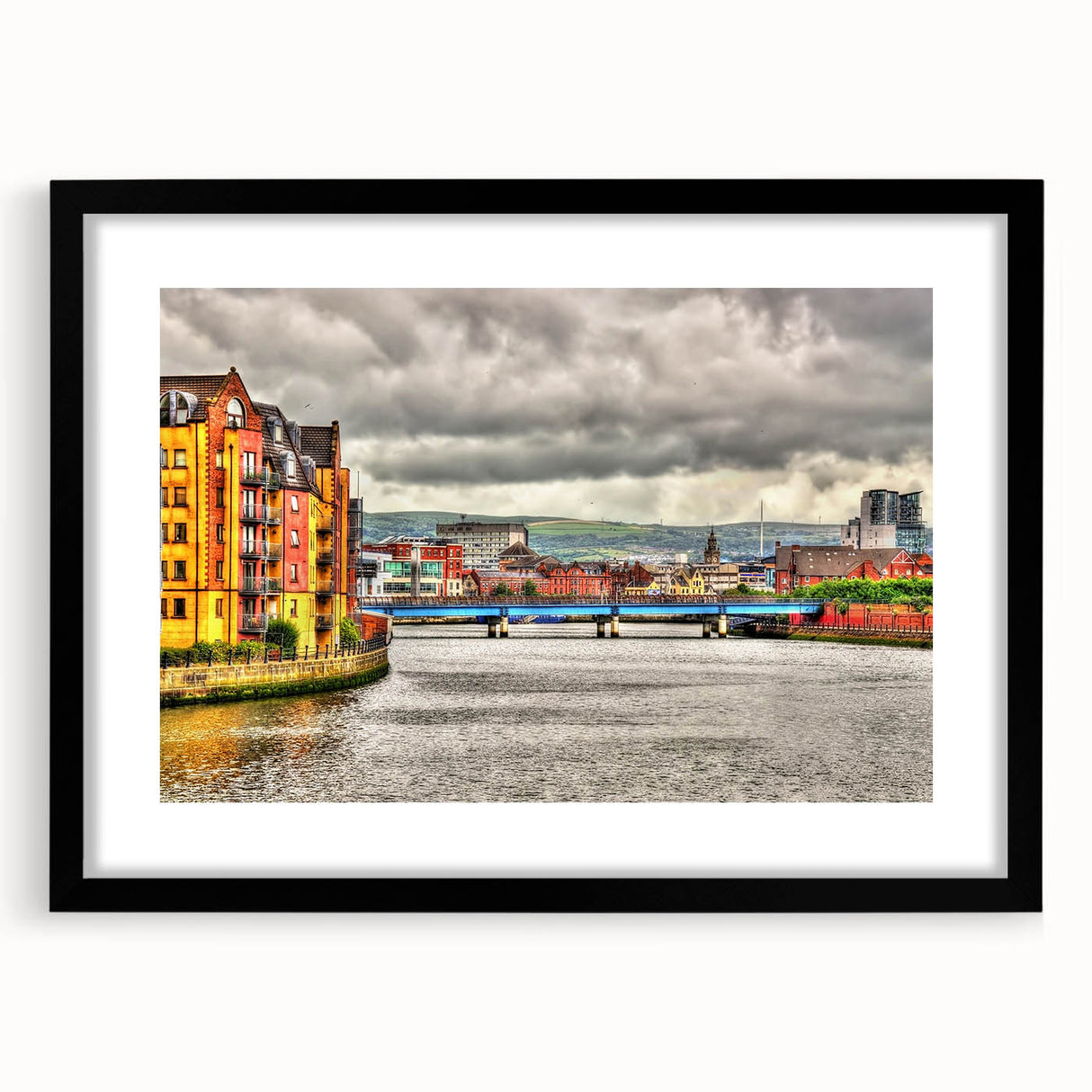 Abstract art print of a colorful, textured scenery in Northern Ireland on a large framed canvas.