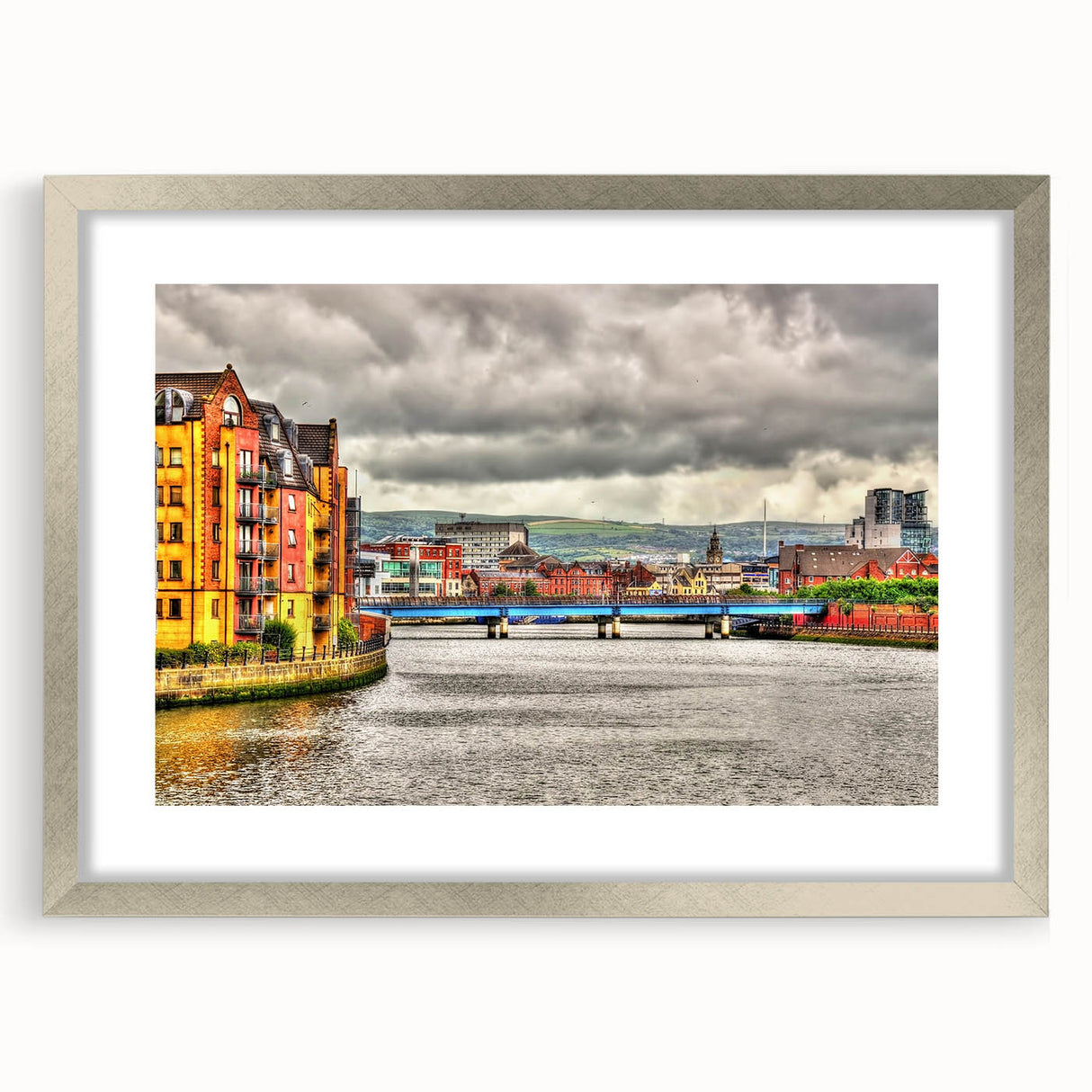 Extra large abstract art print of a textured Northern Ireland scenery in a silver frame, ideal for living room decor.