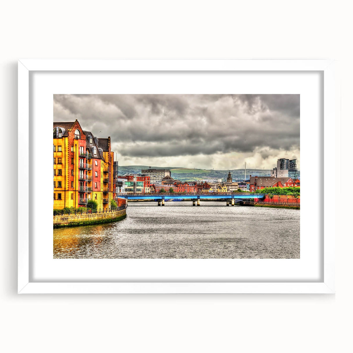 Textured art depicting abstract Northern Ireland scenery in muted earth tones on a framed white mat.