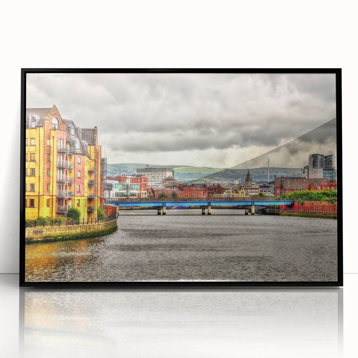 Large abstract wall art depicting Northern Ireland's landscape in muted earth tones on a framed acrylic.
