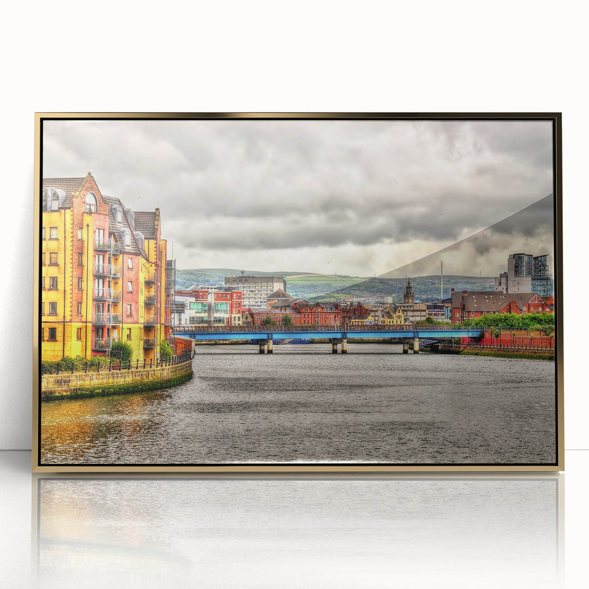 Acrylic print of Northern Ireland scenery in art deco style, framed in gold, suitable for modern nursery decor.