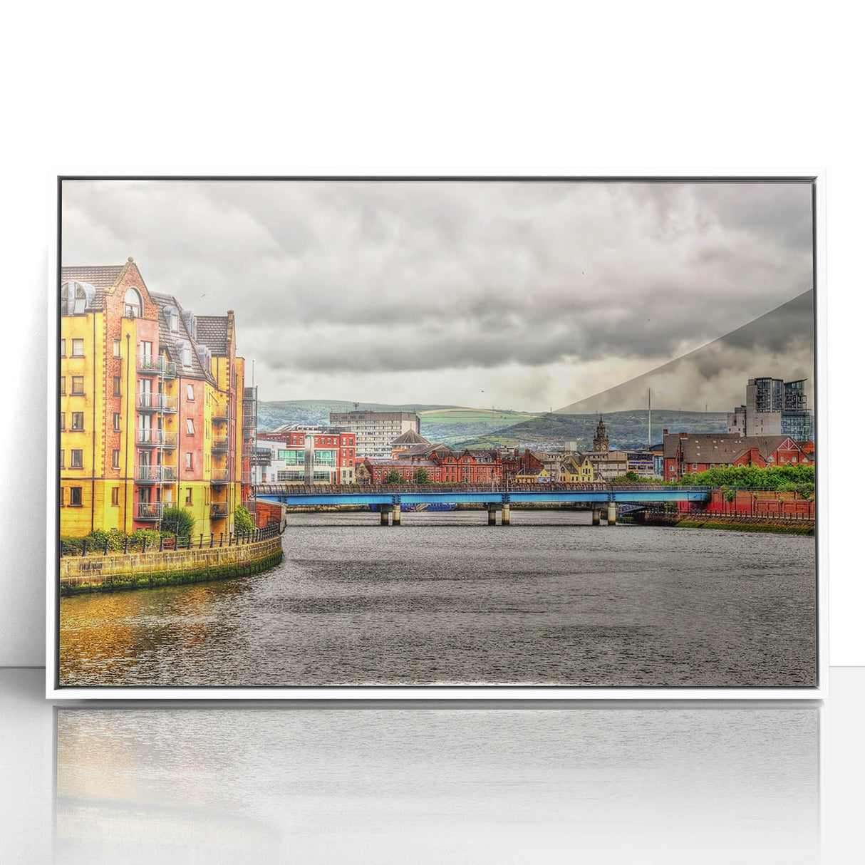 Mid-century modernist acrylic print of Northern Ireland scenery in muted earth tones, ideal for nursery wall art.