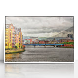 Mid-century modernist acrylic print of Northern Ireland scenery in muted earth tones, ideal for nursery wall art.