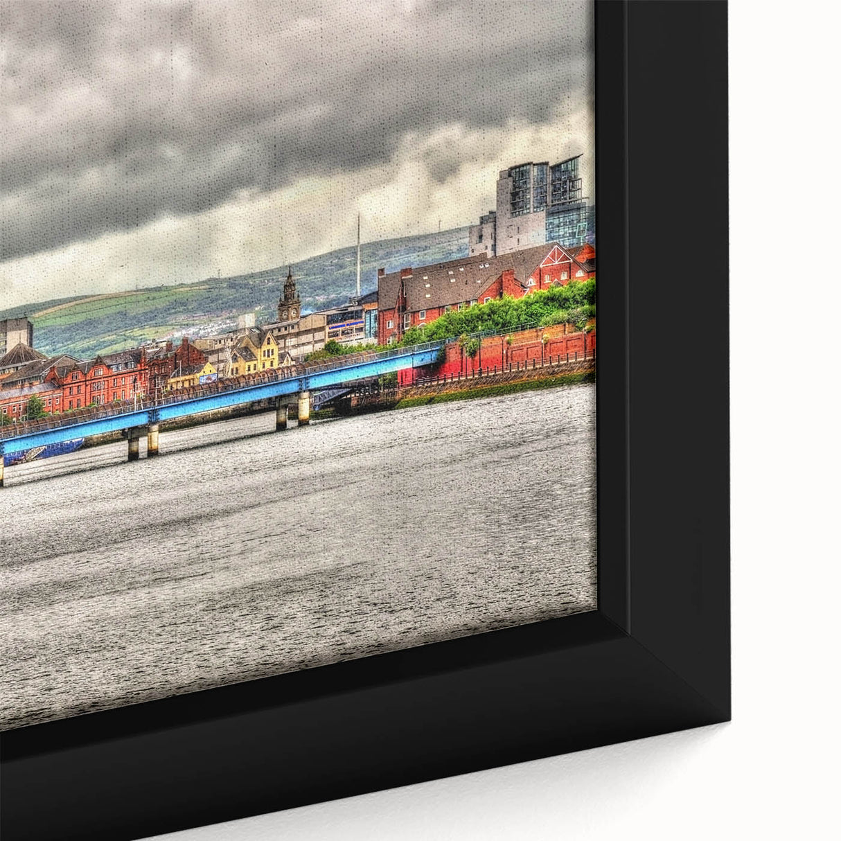 Black wall art featuring a textured close-up of a Northern Ireland scenery on framed canvas, ideal for living room decor.