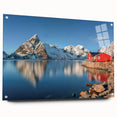 Acrylic glass print of a Norwegian landscape, featuring muted blue and green tones, ideal for dining room decor.