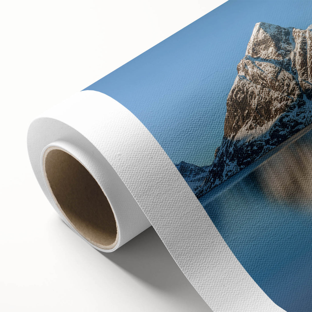 Art Deco poster of a serene Norwegian landscape on rolled canvas, featuring muted green and blue tones.