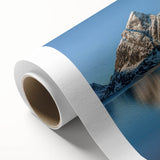 Art Deco poster of a serene Norwegian landscape on rolled canvas, featuring muted green and blue tones.