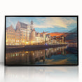 Large abstract wall art featuring a black and white mid-century modernist depiction of a European cityscape.