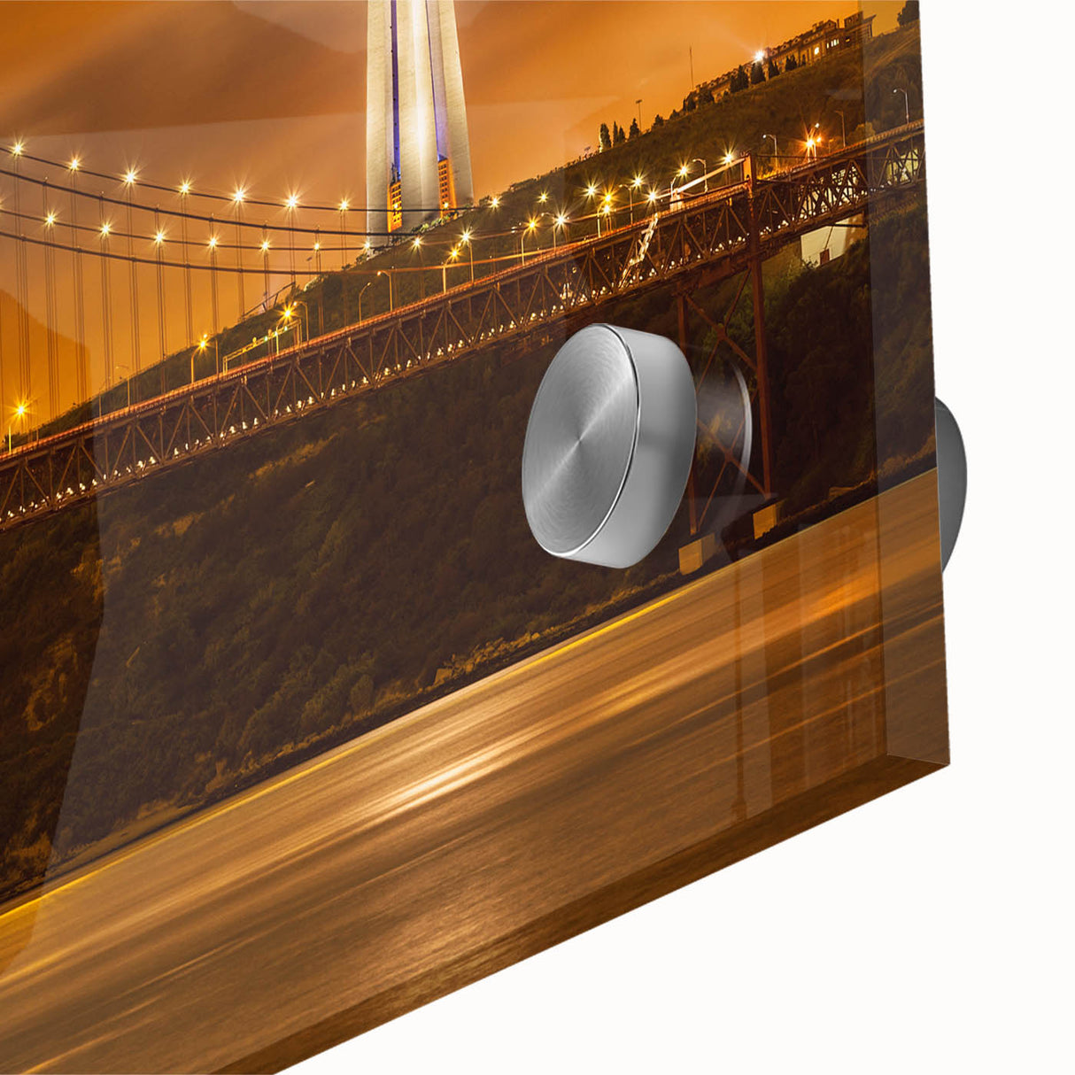 Mid-century modernist Lisbon scenery in muted earth tones on large acrylic glass, ideal for dining room art.