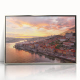 Acrylic print of Porto, Portugal with muted blue and orange tones in a mid-century modernist style.