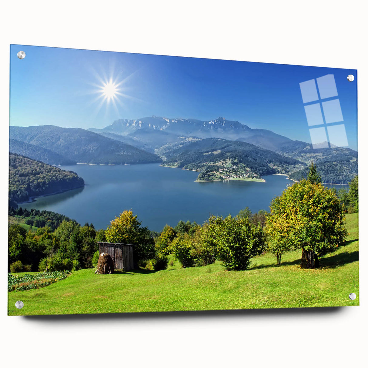 Acrylic print of a Romanian landscape in muted earth tones, ideal for dining room decor.