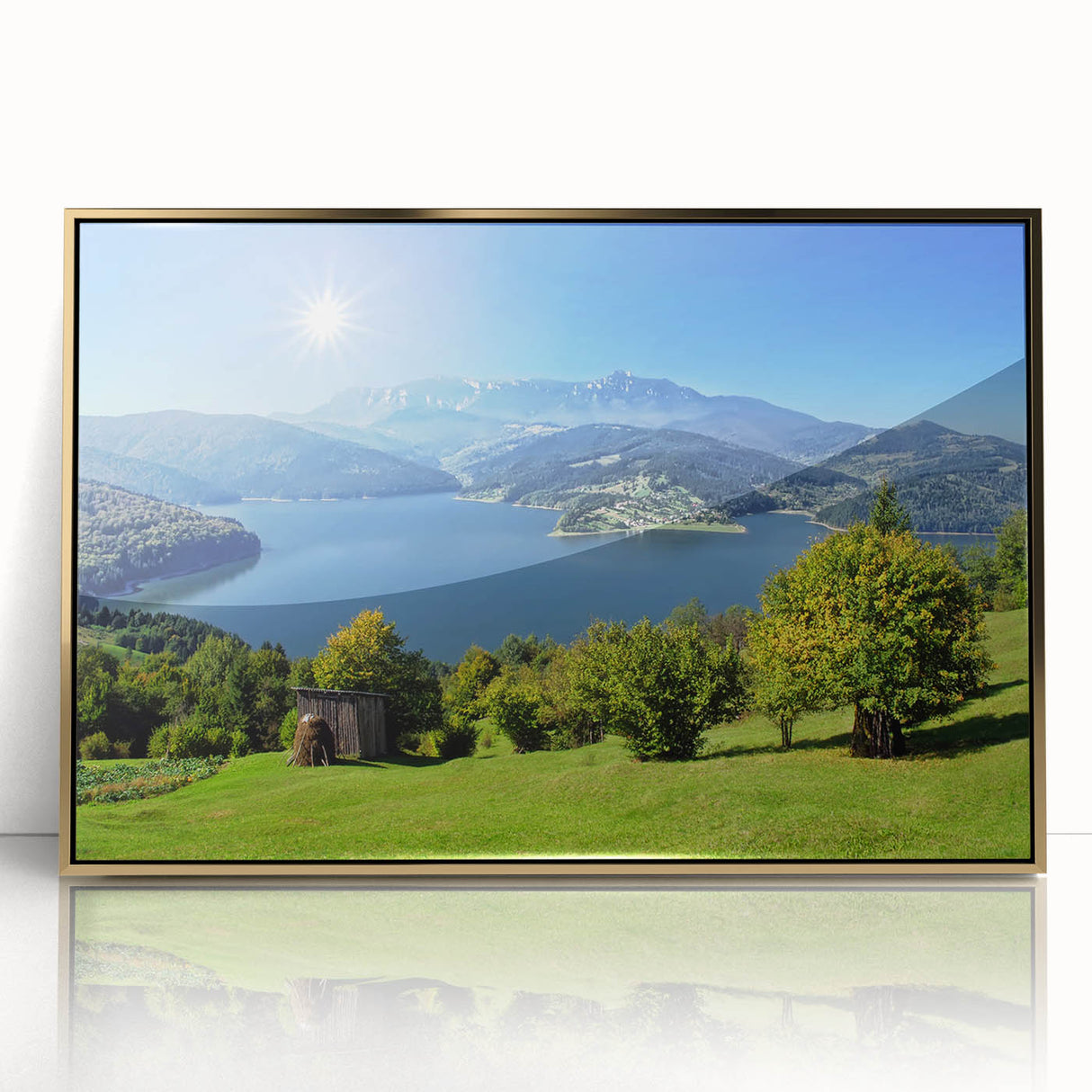 Framed acrylic print of a Romanian landscape, featuring art deco style elements in muted gold and green tones.
