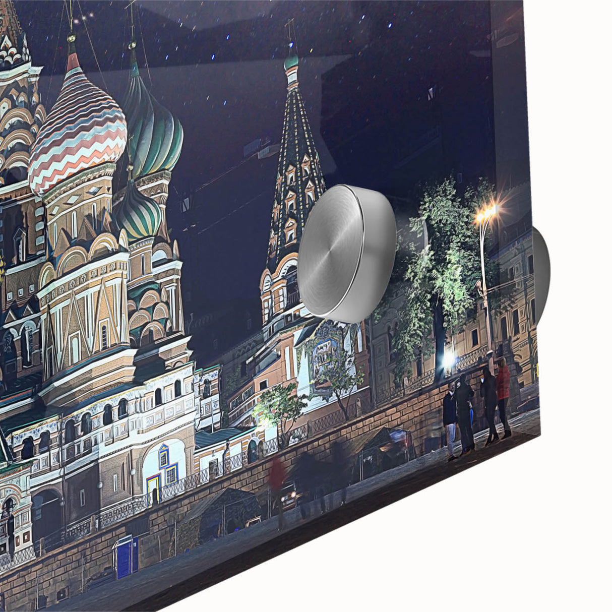 Large abstract wall art of Moscow skyline in muted gray and blue tones on acrylic glass, suitable for dining room ambiance.
