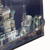 Large abstract wall art of Moscow skyline in muted gray and blue tones on acrylic glass, suitable for dining room ambiance.
