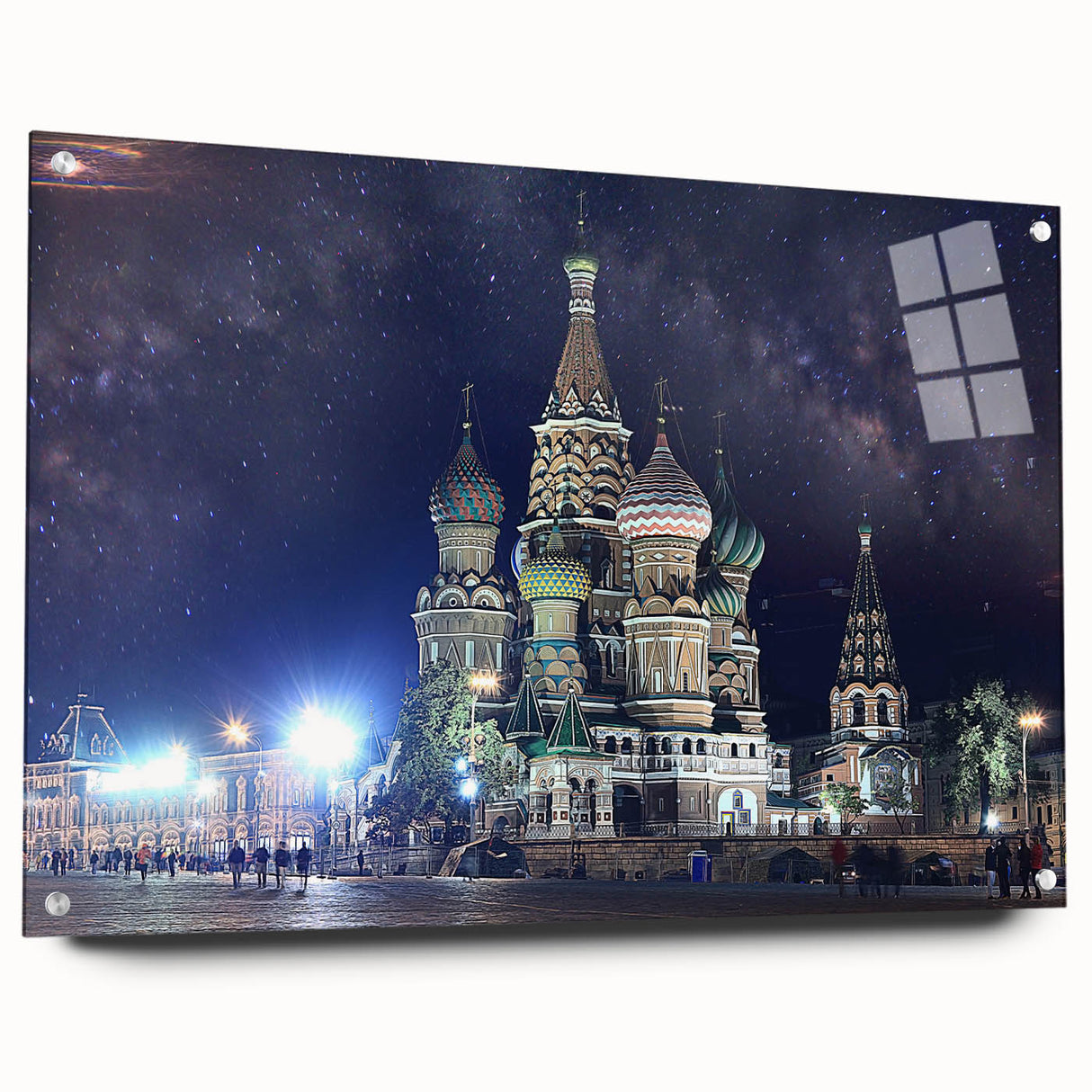 Acrylic print of a large abstract depiction of Moscow skyline in muted gray and blue tones.