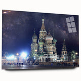 Large abstract depiction of Moscow on acrylic glass, featuring cool blue and gray tones.