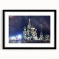 Extra large abstract art print of a colorful Moscow cityscape, textured finish on a framed black mat.