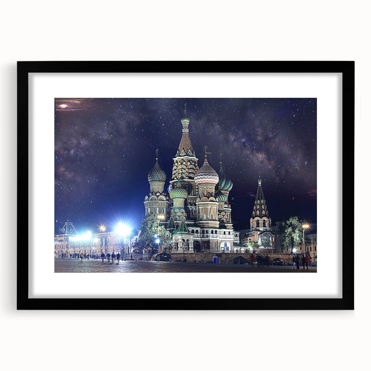 Extra large abstract art print of a colorful Moscow cityscape, textured finish on a framed black mat.