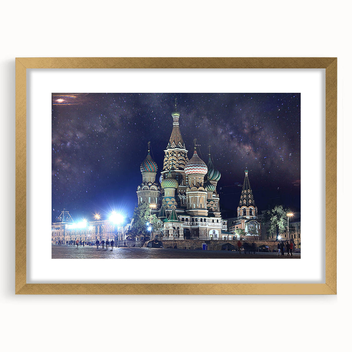 Abstract art print of Moscow skyline in muted gold and gray tones on a framed canvas, suitable for dining room decor.