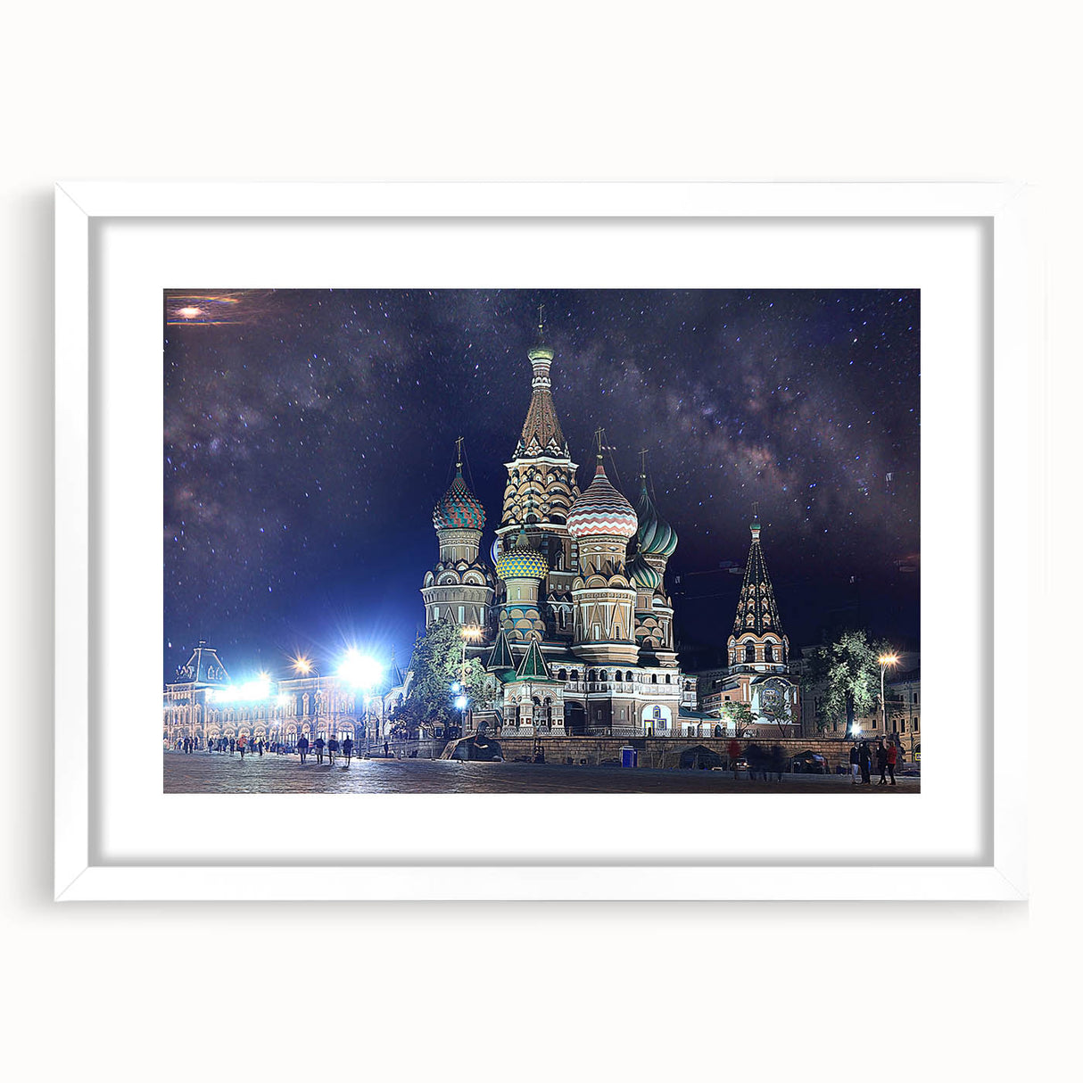 Textured abstract art print of Moscow skyline in muted grays and blues, framed with a white mat, ideal for bedroom art.