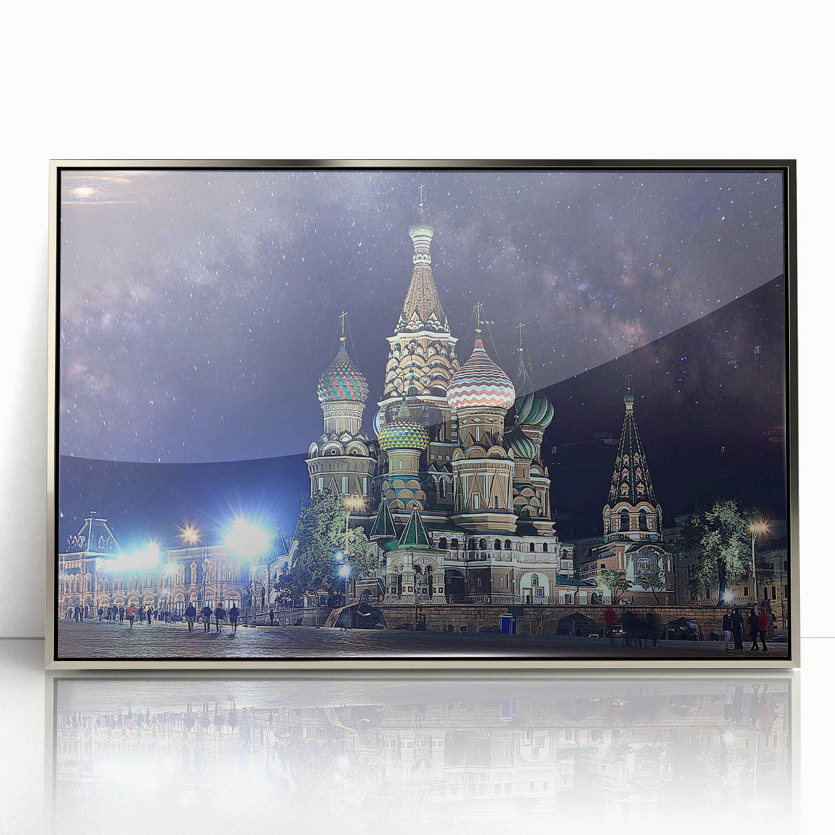 Large art print of Moscow skyline in muted gray and silver tones on a framed acrylic, ideal for modern art wall decor.