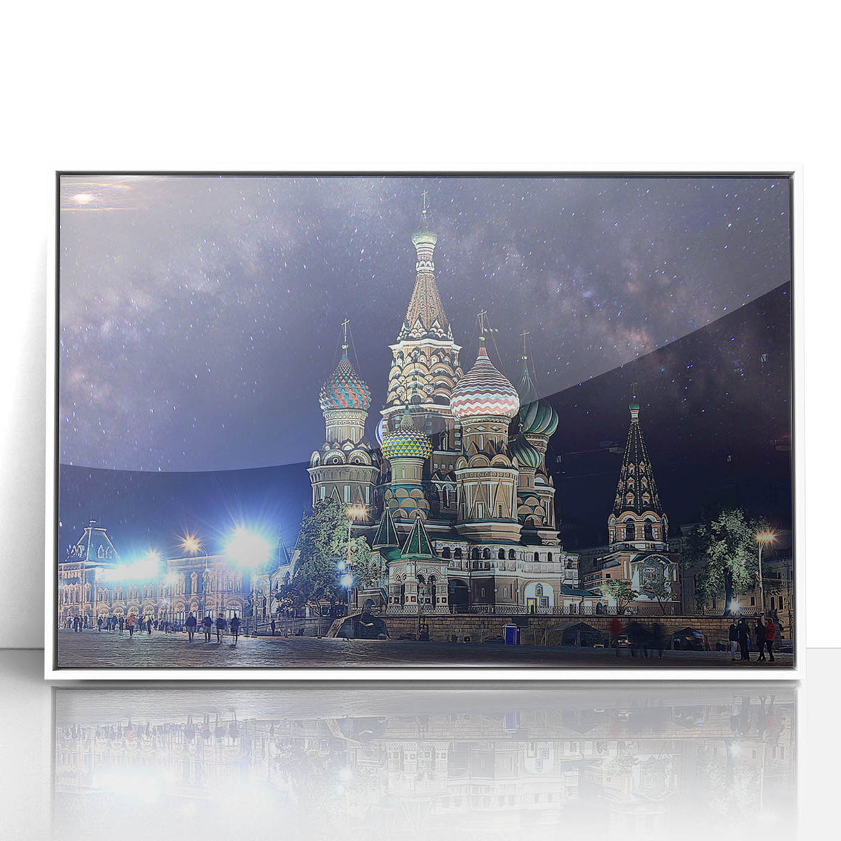 Mid-century modernist art of Moscow skyline in muted gray and blue tones on a framed acrylic.