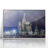Mid-century modernist art of Moscow skyline in muted gray and blue tones on a framed acrylic.