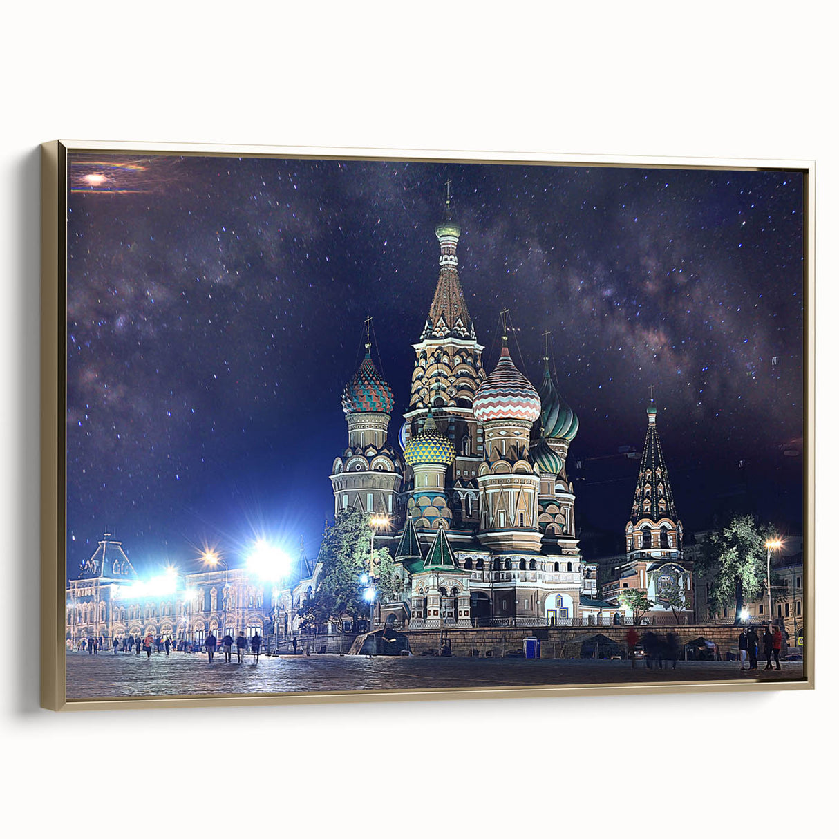 Framed canvas depicting a vintage-style Moscow landscape in muted gold and black tones, ideal for bedroom wall art.