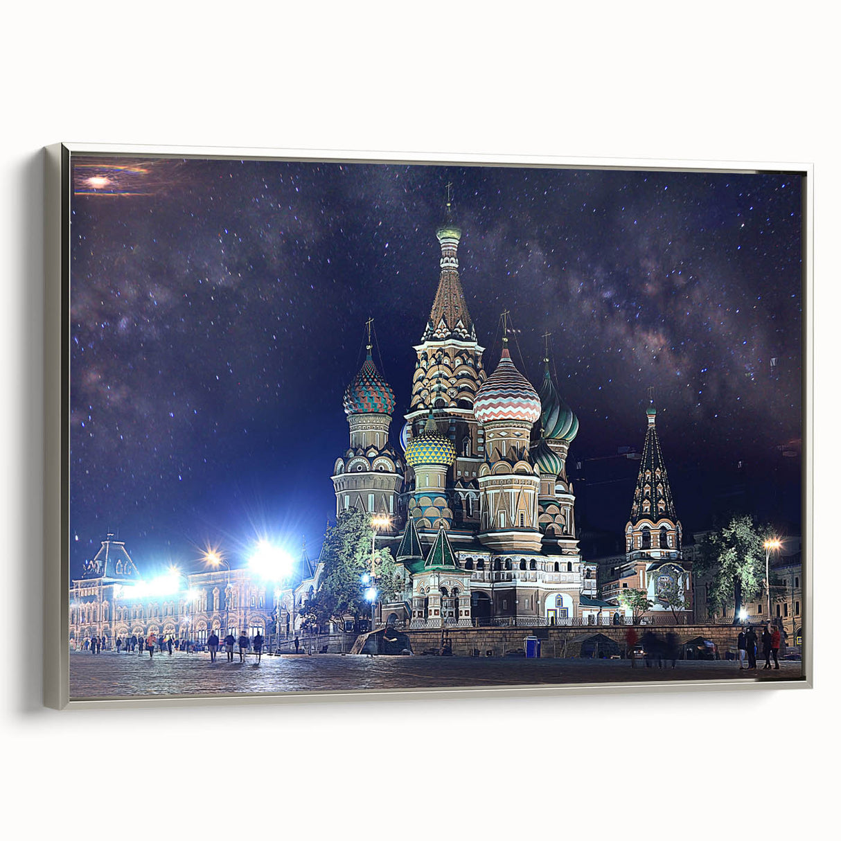 Framed canvas landscape art painting of Moscow with colorful and black vintage poster art style, ideal for office decor.