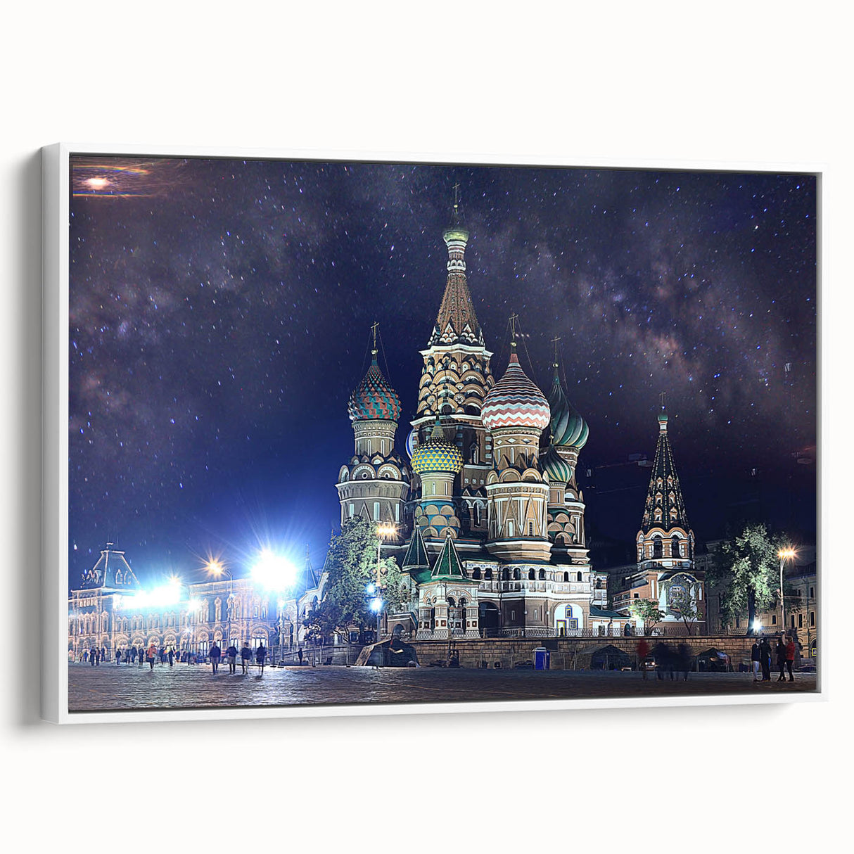Vintage poster art of Moscow with colorful details on a large framed canvas, ideal for living room decor.