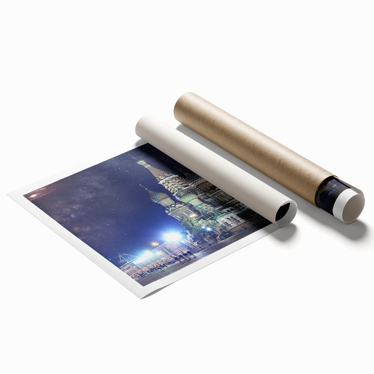Extra large rolled print of a floral Moscow cityscape in muted earth tones, ideal for classy bathroom wall art.