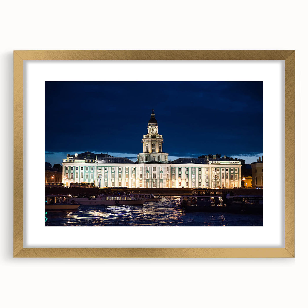 Abstract art print of a European cityscape in muted gray and gold tones on a framed canvas, suitable for dining room decor.