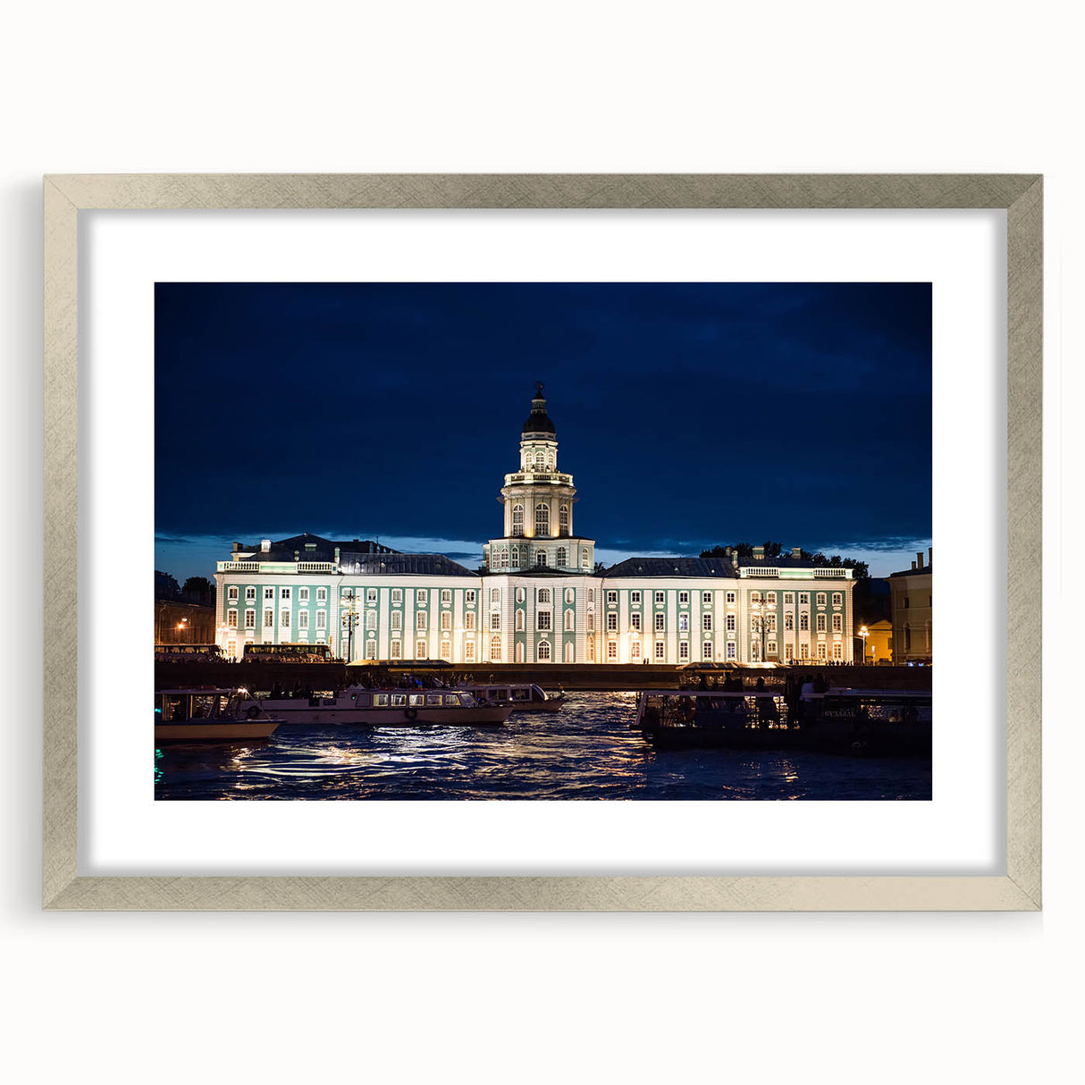 Extra large abstract art print of a textured European cityscape in muted gray and silver tones, framed with a silver mat.